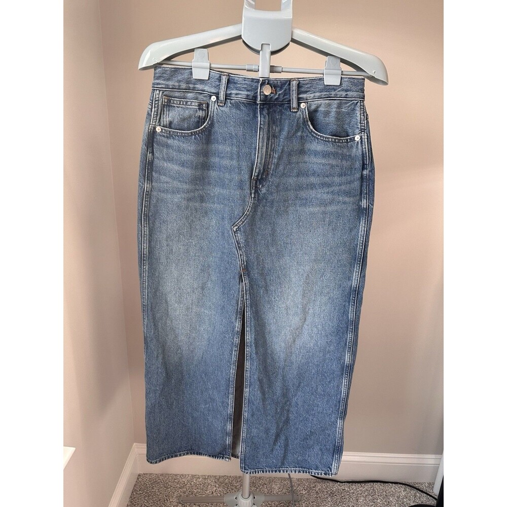 Madewell The Rilee Denim Midi Skirt Mid Wash Front Split Straight Pencil 28 - Picture 3 of 7